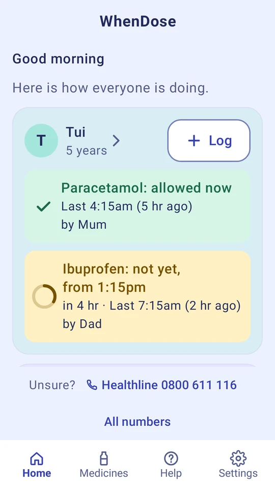 Home, with a card for each medicine: allowed now, or not yet with the time it's allowed from.
