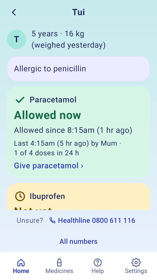 Tui's page: 5 years, 16 kg. Paracetamol allowed now, last given at 4:15am by Mum, 1 of 4 doses in 24 hours.